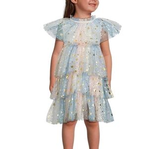 Lola Girls  Blue and GoldStarry Tulle Dress Size 6 Party Ruffled
